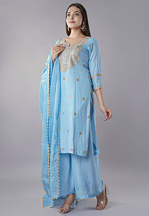 Embroidered Muslin Silk Pakistani  Suit in Sky Blue