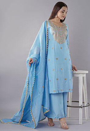 Embroidered Muslin Silk Pakistani  Suit in Sky Blue