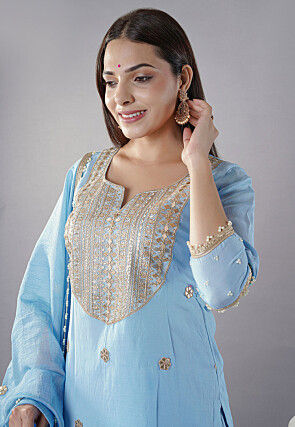 Embroidered Muslin Silk Pakistani  Suit in Sky Blue