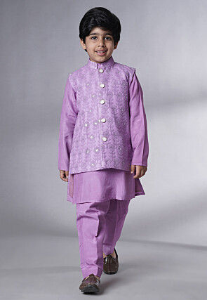 Embroidered Muslin Silk Sherwani Set in Light Purple