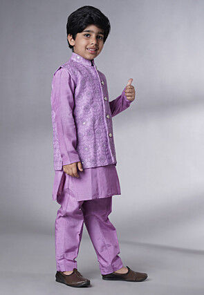 Embroidered Muslin Silk Sherwani Set in Light Purple