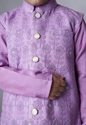 Embroidered Muslin Silk Sherwani Set in Light Purple