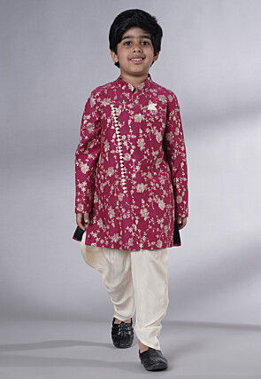 Embroidered Muslin Silk Sherwani Set in Magenta