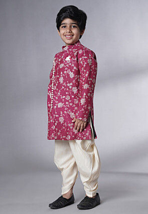 Embroidered Muslin Silk Sherwani Set in Magenta