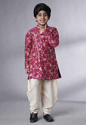 Embroidered Muslin Silk Sherwani Set in Magenta