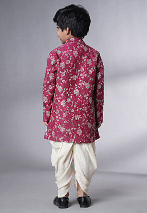 Embroidered Muslin Silk Sherwani Set in Magenta