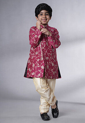 Embroidered Muslin Silk Sherwani Set in Magenta