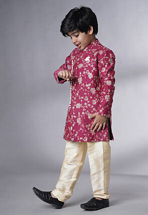 Embroidered Muslin Silk Sherwani Set in Magenta