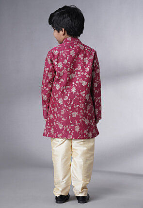Embroidered Muslin Silk Sherwani Set in Magenta
