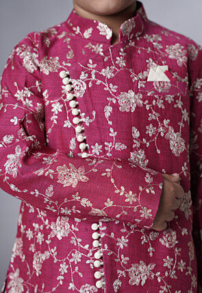 Embroidered Muslin Silk Sherwani Set in Magenta