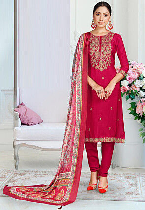 Embroidered Muslin Silk Straight Suit in Fuchsia