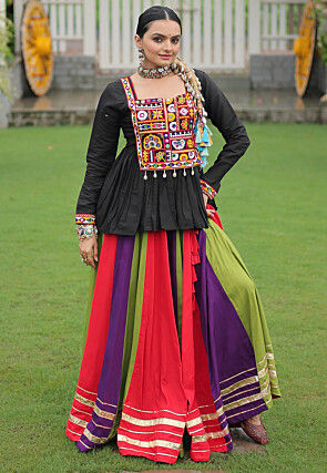 Embroidered Navratri Special Rayon Lehenga in Multicolor
