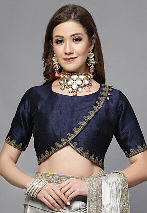Embroidered Neck Art Silk Angrakha Style Blouse in Dark Blue