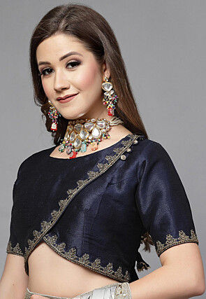 Embroidered Neck Art Silk Angrakha Style Blouse in Dark Blue
