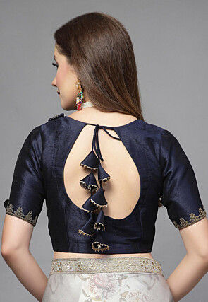 Embroidered Neck Art Silk Angrakha Style Blouse in Dark Blue