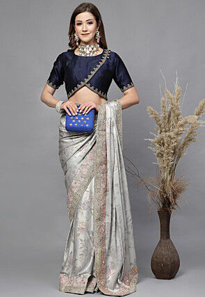 Embroidered Neck Art Silk Angrakha Style Blouse in Dark Blue