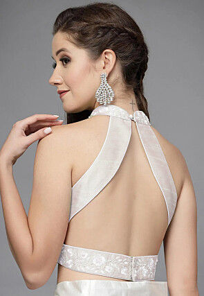 Embroidered Neck Matka Silk Back Cut Out Blouse in Off White