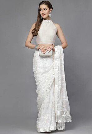 Embroidered Neck Matka Silk Back Cut Out Blouse in Off White