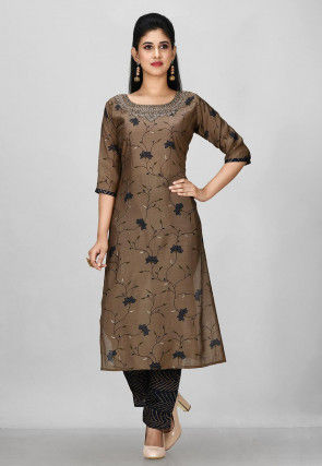 Embroidered Neck Muslin Cotton Pakistani Suit in Dark Fawn