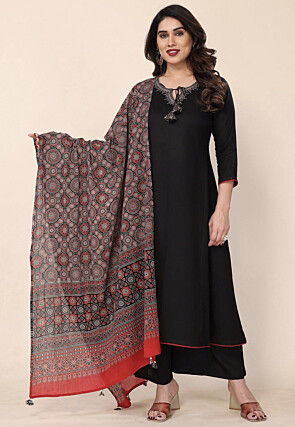 Embroidered Neck Viscose Silk Pakistani Suit in Black