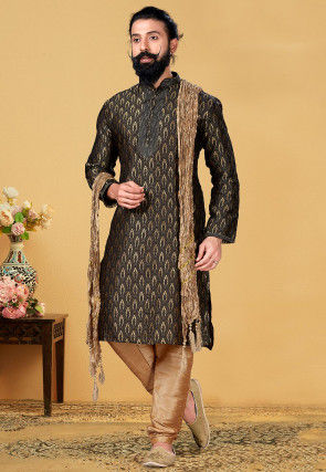 Embroidered Neckline Art Silk Jacquard Kurta Set in Black