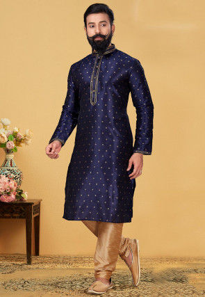 Embroidered Neckline Art Silk Jacquard Kurta Set in Navy Blue