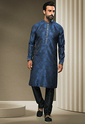 Blue  Men Kurta Designer Indian  Free shawl Payjama Ethnic Traditional 3 Pieces 
