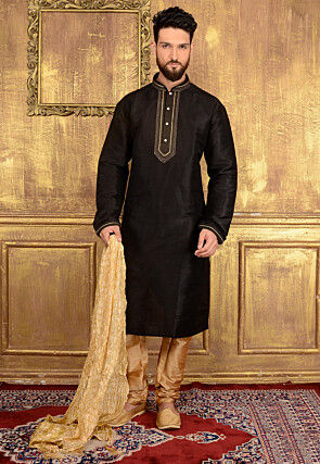 Embroidered Neckline Art Silk Kurta Set in Black