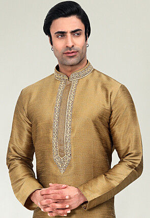 Embroidered Neckline Art Silk Kurta Set in Golden