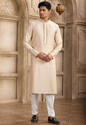 Embroidered Neckline Art Silk Kurta Set in Light Beige