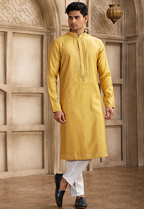 Embroidered Neckline Art Silk Kurta Set in Mustard