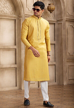 Embroidered Neckline Art Silk Kurta Set in Mustard