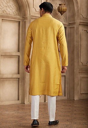 Embroidered Neckline Art Silk Kurta Set in Mustard