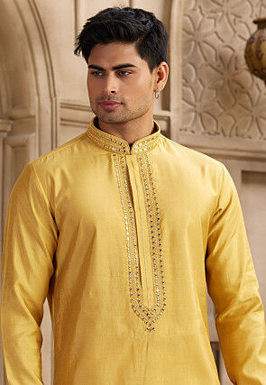 Embroidered Neckline Art Silk Kurta Set in Mustard