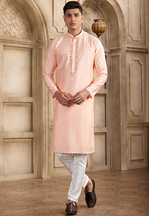Embroidered Neckline Art Silk Kurta Set in Peach