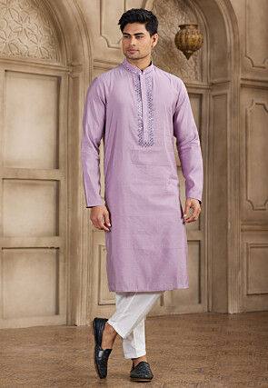 Embroidered Neckline Art Silk Kurta Set in Purple