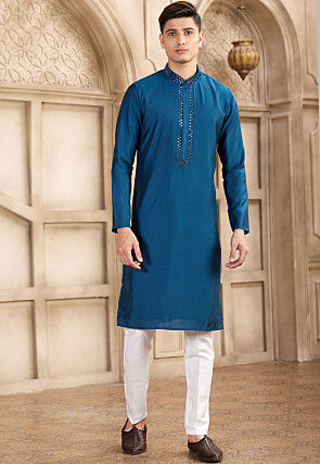 Embroidered Neckline Art Silk Kurta Set in Teal Blue