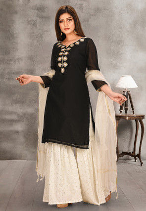 Embroidered Neckline Chanderi Cotton Pakistani Suit in Black