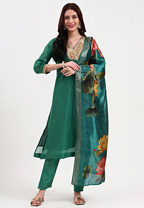 Embroidered Neckline Chanderi Cotton Pakistani Suit in Green