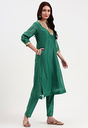 Embroidered Neckline Chanderi Cotton Pakistani Suit in Green