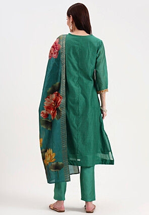 Embroidered Neckline Chanderi Cotton Pakistani Suit in Green
