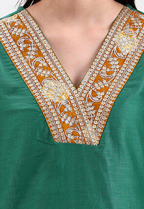 Embroidered Neckline Chanderi Cotton Pakistani Suit in Green