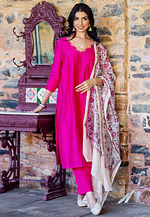 Embroidered Neckline Chanderi Silk Pakistani Suit in Fuchsia