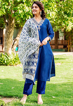 Embroidered Neckline Chanderi Silk Pakistani Suit in Royal Blue