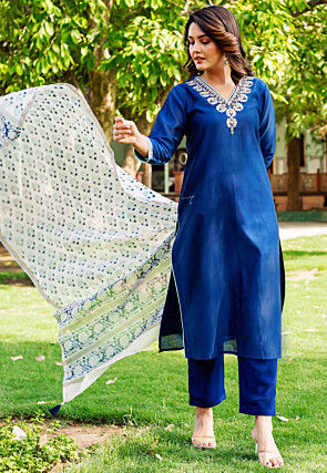 Embroidered Neckline Chanderi Silk Pakistani Suit in Royal Blue