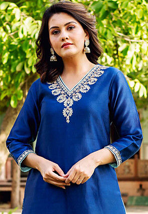 Embroidered Neckline Chanderi Silk Pakistani Suit in Royal Blue