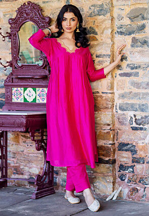 Embroidered Neckline Chanderi Straight Kurta Set in Fuchsia