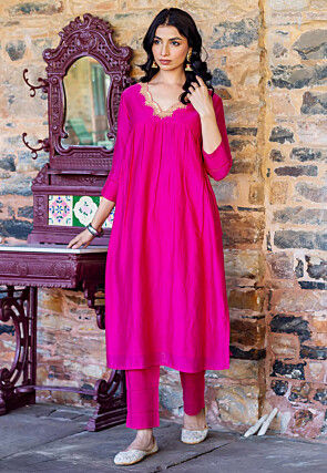 Embroidered Neckline Chanderi Straight Kurta Set in Fuchsia