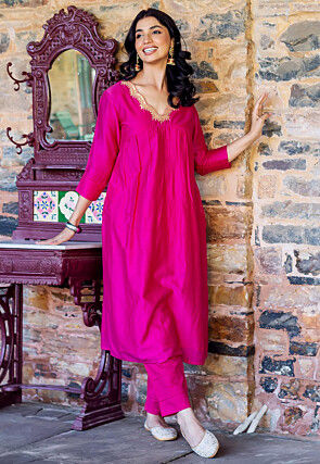 Embroidered Neckline Chanderi Straight Kurta Set in Fuchsia