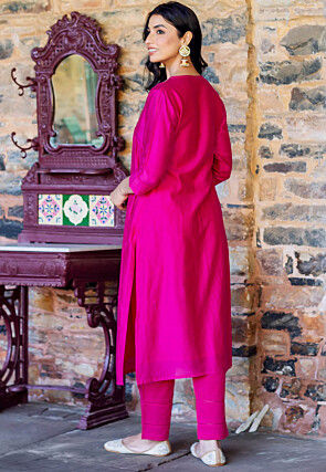 Embroidered Neckline Chanderi Straight Kurta Set in Fuchsia
